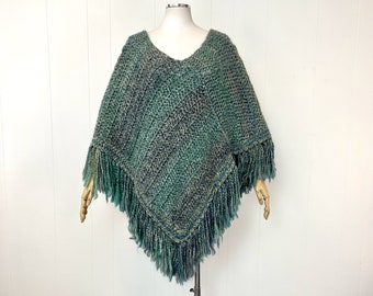 1980s Blue Green Yarn Fringe Poncho Cape Boho Outerwear