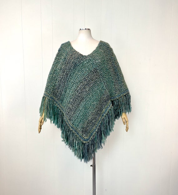 1980s Blue Green Yarn Fringe Poncho Cape Boho Oute