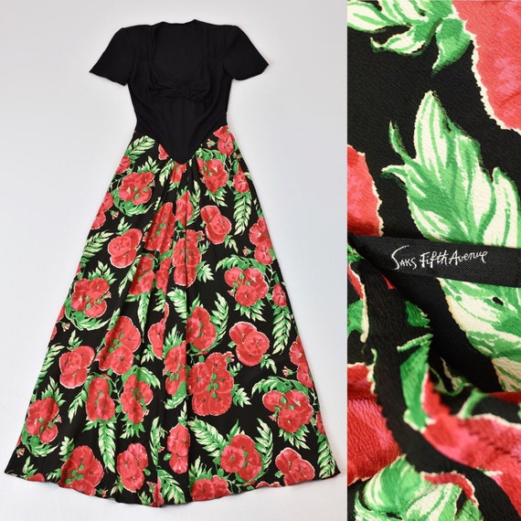 1940s Poppy Floral Print Saks Fifth Avenue Gown M… - image 1