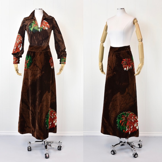 1970s Brown Floral Henry Miller Two Piece Skirt &… - image 1