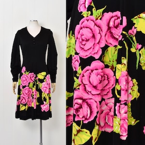 1970s Mr. Dino Pink Rose Floral Print Black Dress