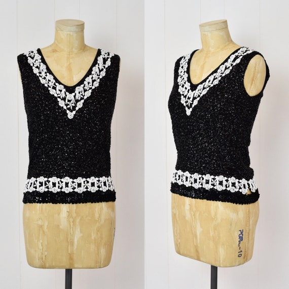 1960s Black & White Sequin Beaded Floral Top Blou… - image 1
