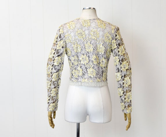 1960s Lavender Floral Lace Yellow Sequin Beaded F… - image 7