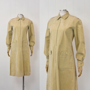 1970s Mollie Parnis Ultra Suede Khaki Beige Shirt Dress