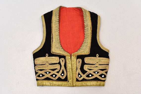 1960s Black Velvet Metallic Gold Embroidered Turkish Mirror