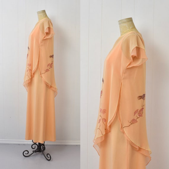 1970s Malia Melon Orange Chiffon Bird Floral Hawa… - image 4