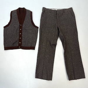 1960s Wool Brown Blue Vest & Pants Two Piece Mens Suit Set