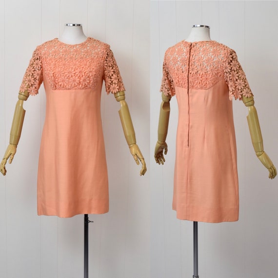 1960s Melon Floral Lace Mod Dress - image 1