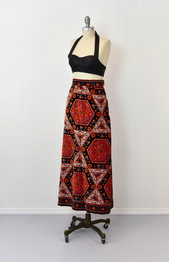 1970s Mr. Dino Velvet Orange Red Floral Maxi Skirt - image 3