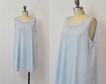 1960s Baby Blue Floral Embroidered Boudoir Lingerie Nightgown Lorraine