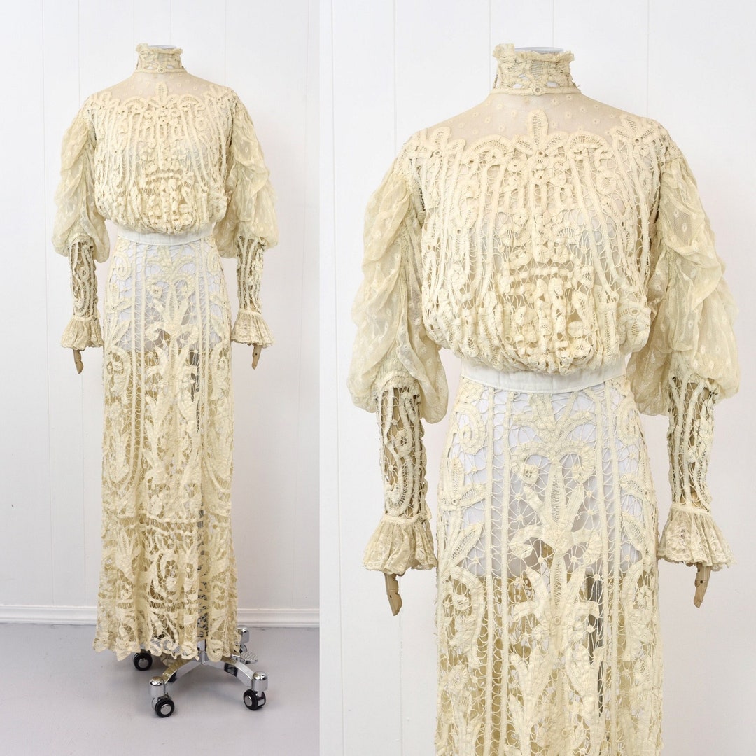 Vintage Edwardian Ivory Damask Lace Maxi Skirt