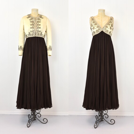 palm royale formal dress 1960s Rhinestone Beaded Brown Chiffon Cream Empire Waist Party Maxi Gown With Matching Bolero Two Piece Set Honeymoon Outfits