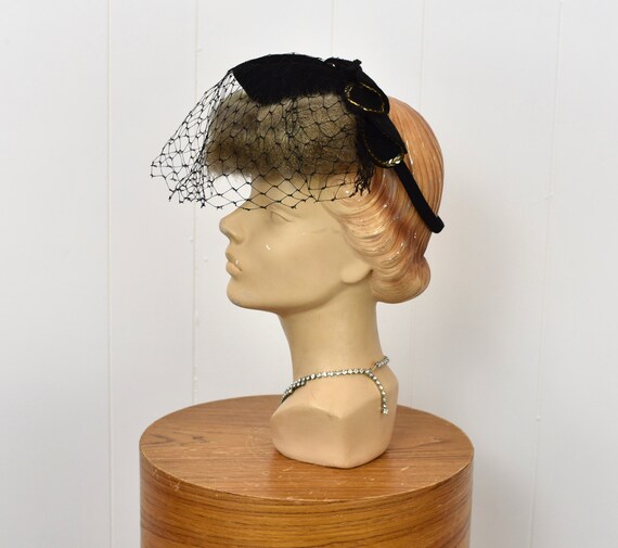 1940s Black Veiled Fur Sequin Bow Top Hat Fascina… - image 4