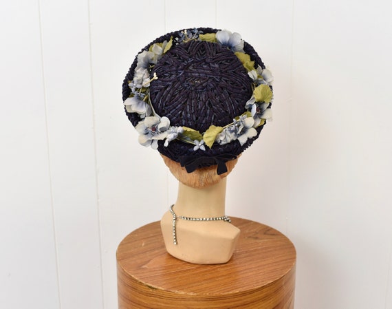 1950s/1960s Navy Blue Faux Floral Bow Mid Century… - image 7