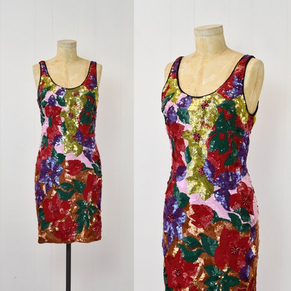 1980s/1990s Floral Sequin Beaded Colorful Party C… - image 1