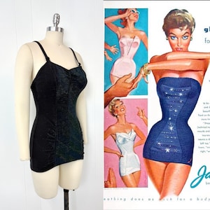 1950s Jantzen Black Green Blue Sparkle Mermaid Pinup One Piece Swimsuit Bathing Suit