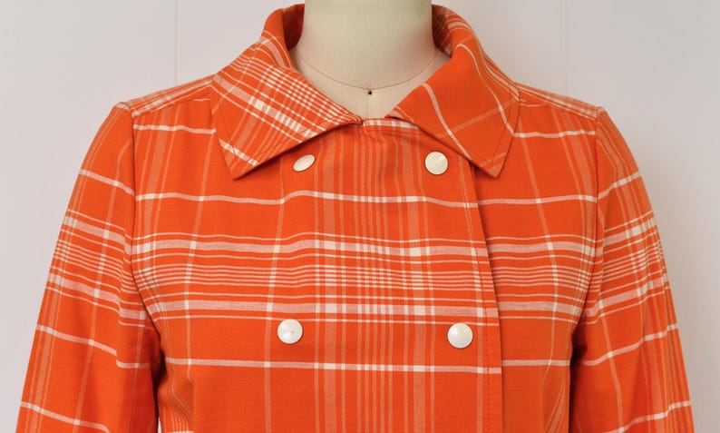 1970s Courreges Hyperbole Orange White Plaid Cotton Coat Jacket Dress image 3