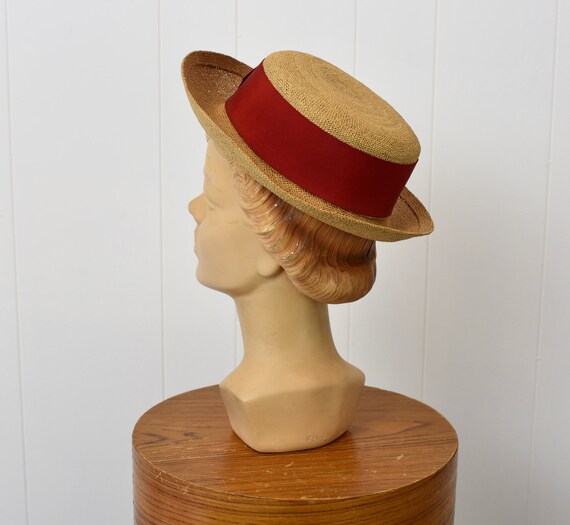 1950s Hattie Carnegie Straw Sun Hat with Red Ribbon Gem