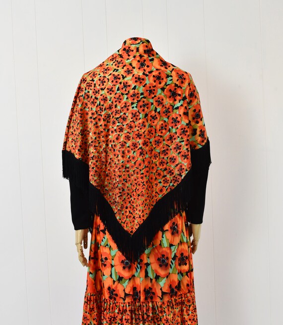 1970s Poppy Floral Orange Black Dress & Shawl Wra… - image 6