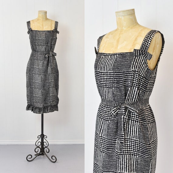 1960s Silk Black & White Houndstooth Plaid Inspir… - image 1