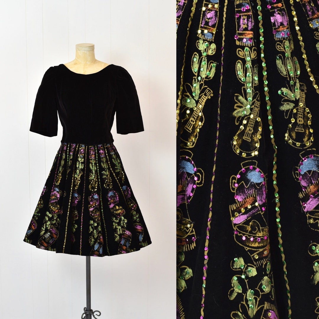 1950s Mexican Sequin Hand Painted Musical Novelty Print Black Velvet Dress 