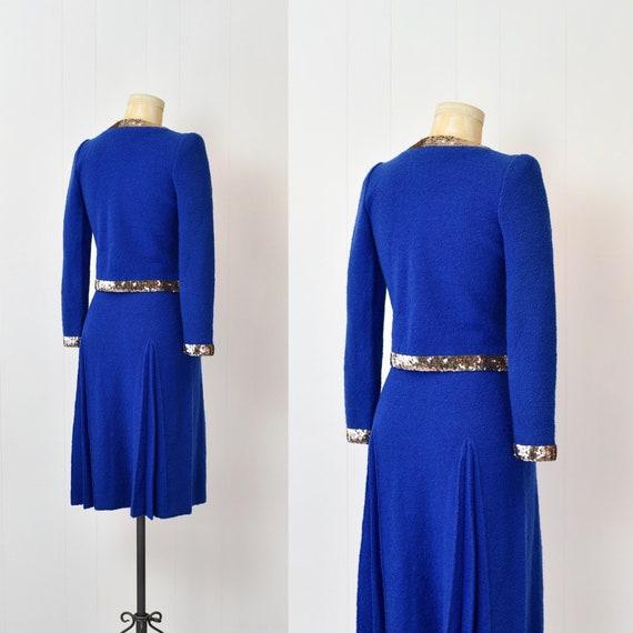 1980s Adolfo Cobalt Royal Blue Sequin Two Piece J… - image 8