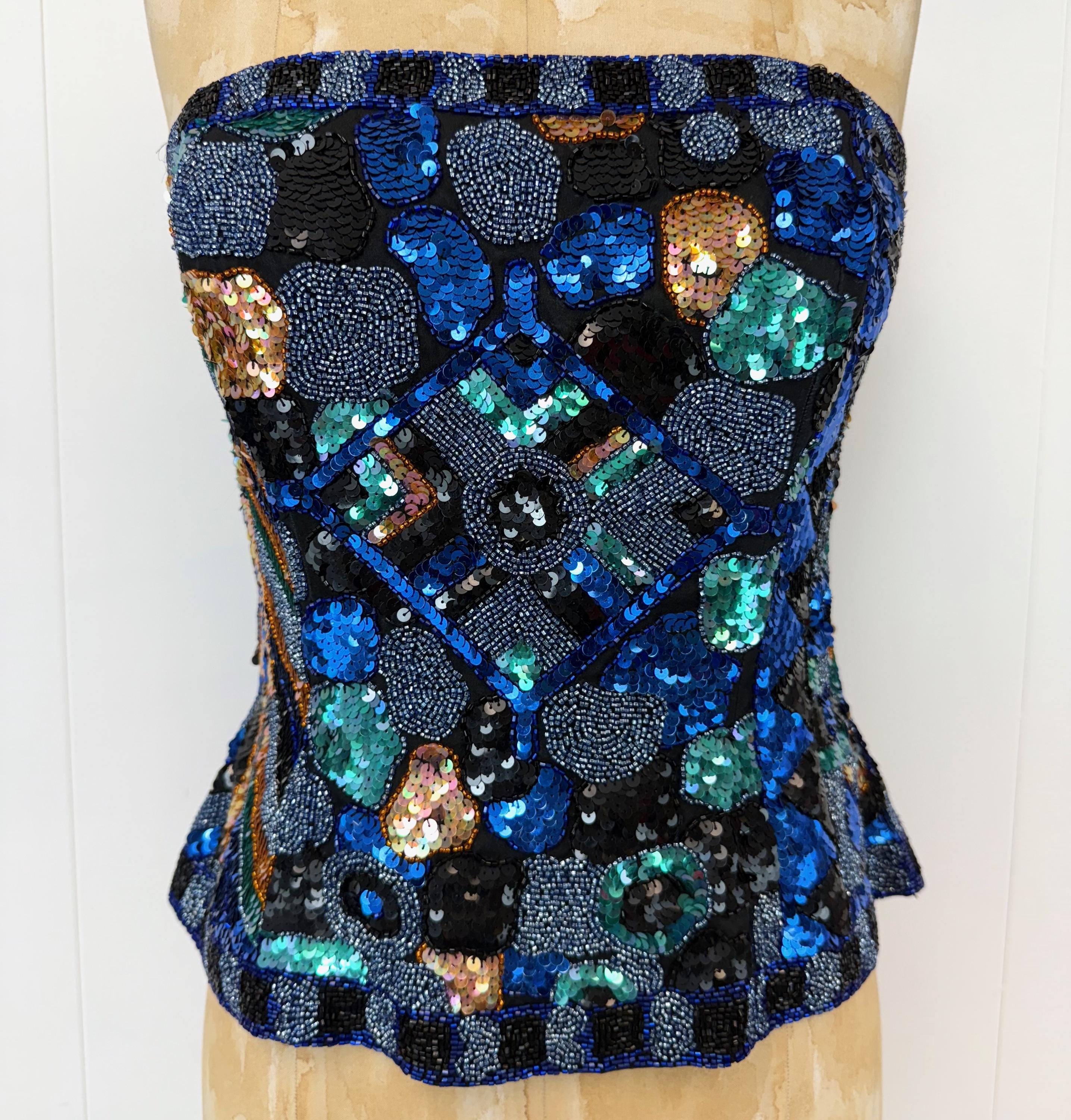 1980s Oleg Cassini Beaded Sequin Blue Black Formal Party Strapless 