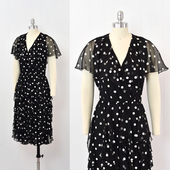 1980s Polka Dot Black White Ruffle Chiffon Pat Ri… - image 2