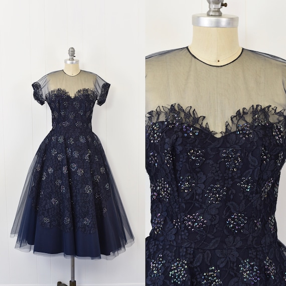 1950's Midnight Blue Sequin Tulle Party Dress