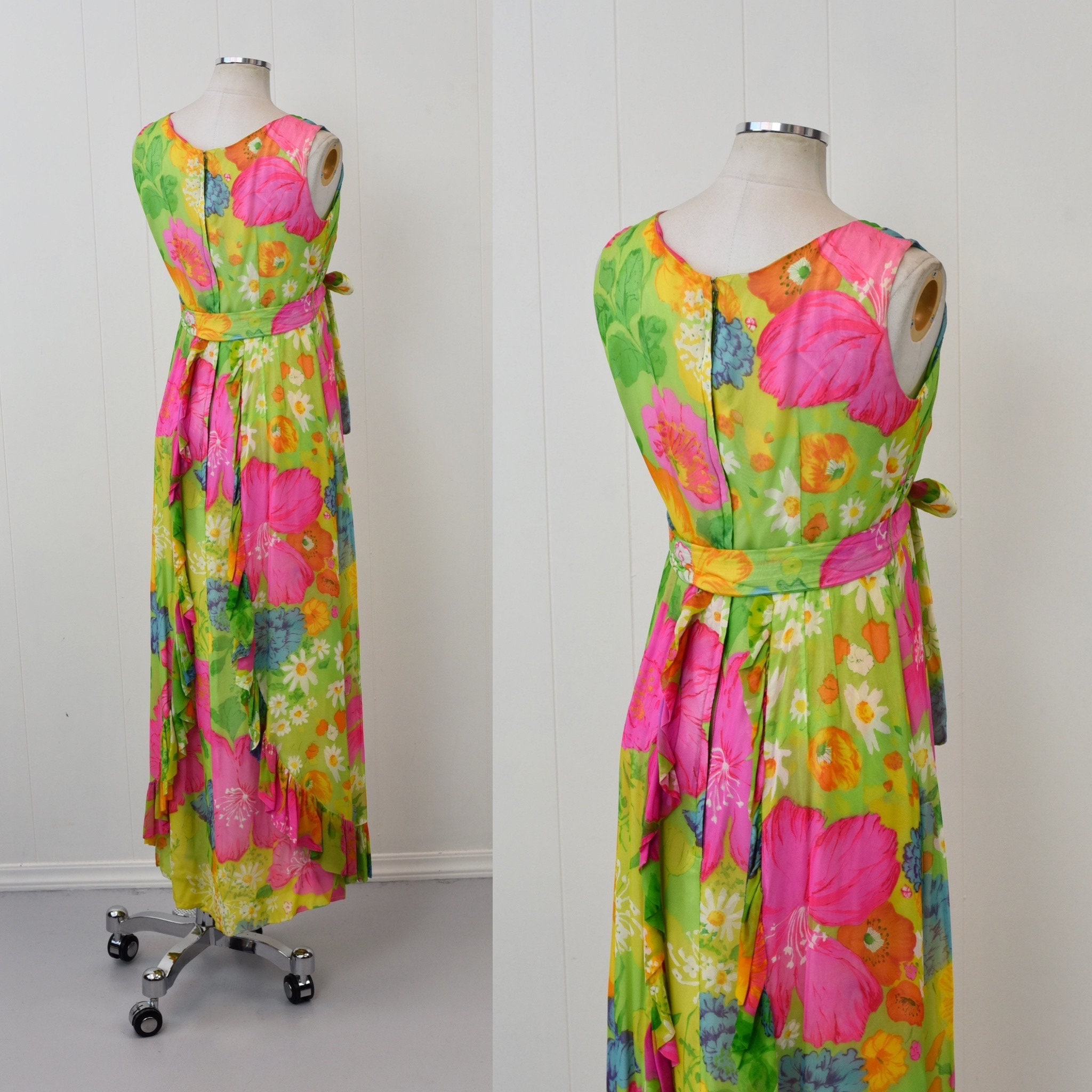 1960s Hawaiian Colorful Floral Ruffle Silk Chiffon Ja-na