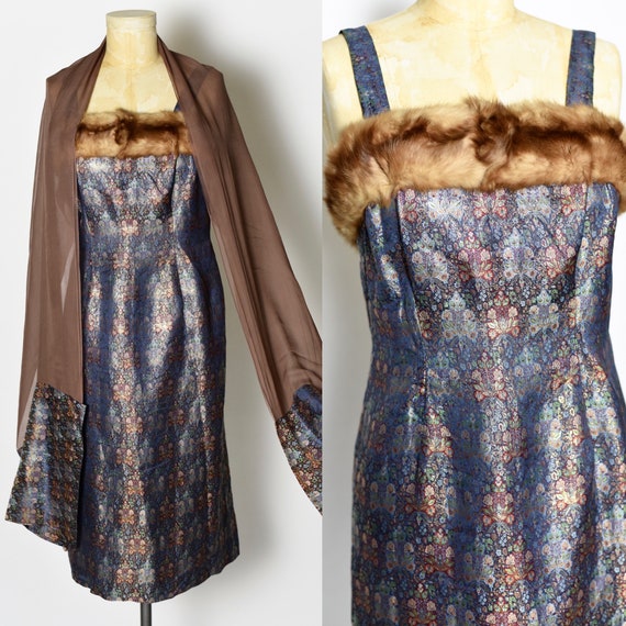 1950's Brocade Mink Trimmed Dress with Matching Wr