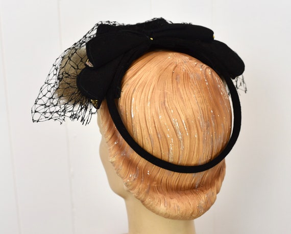 1940s Black Veiled Fur Sequin Bow Top Hat Fascina… - image 6