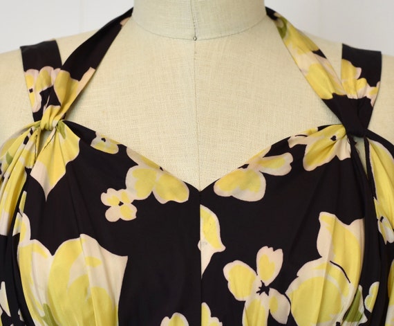 1940s Yellow Floral Black Halter Tie Gown Maxi Dr… - image 6