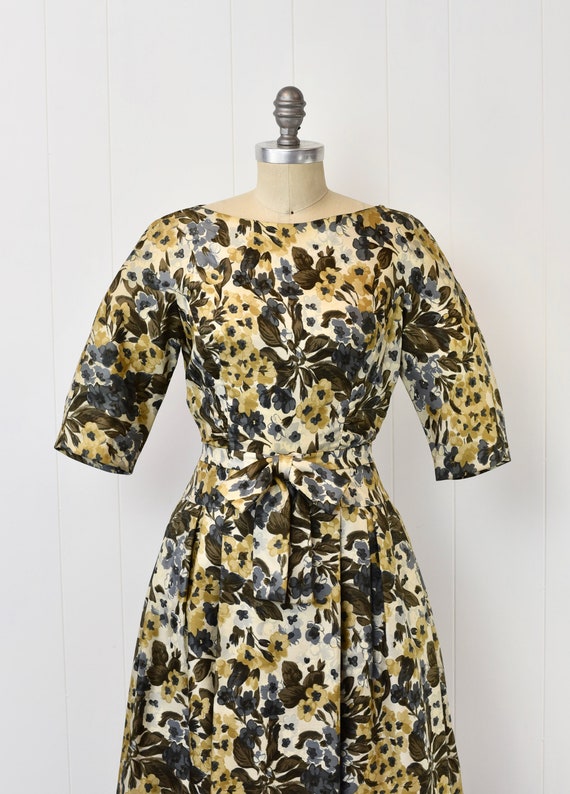 1950s Gold Floral Print Bubble Hem Party Cocktail… - image 2