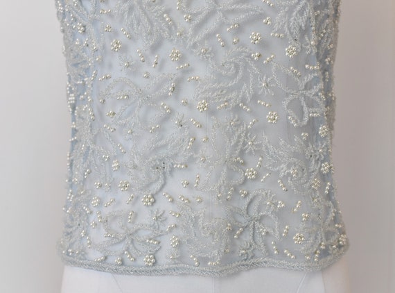 1950s Light Blue Beaded Faux Pearl Sheer Blouse - image 3