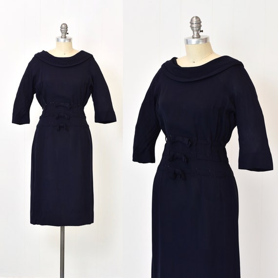 Early 1950s Paul Parnes Navy Blue Bow Pinup Dress