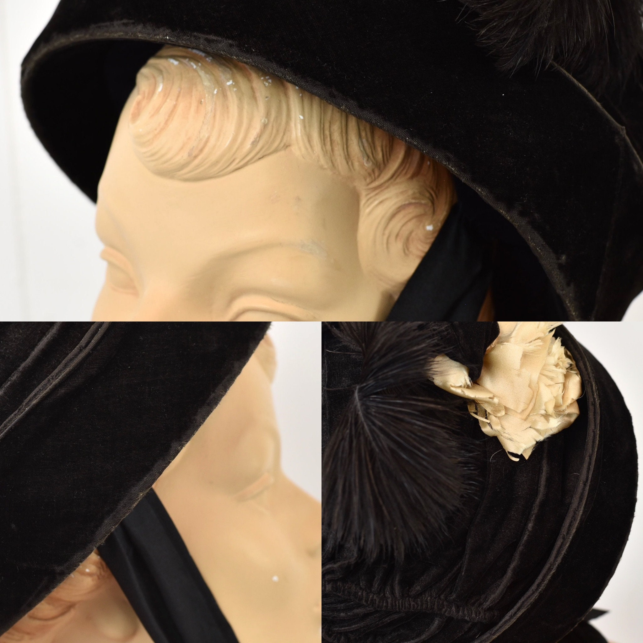 Late 1800s/early 1900s Black Velvet Ostrich Feather Floral 