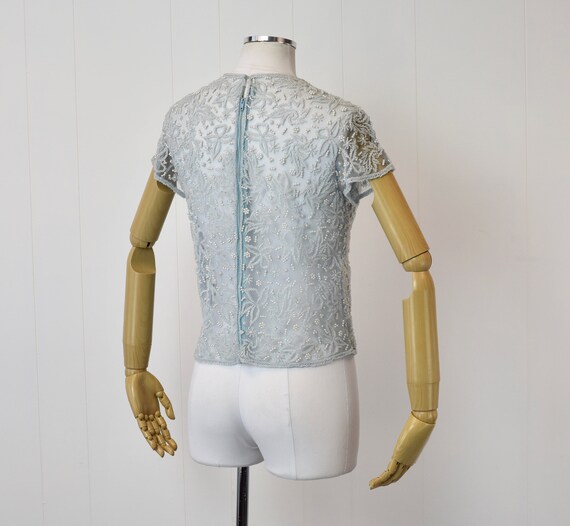 1950s Light Blue Beaded Faux Pearl Sheer Blouse - image 9