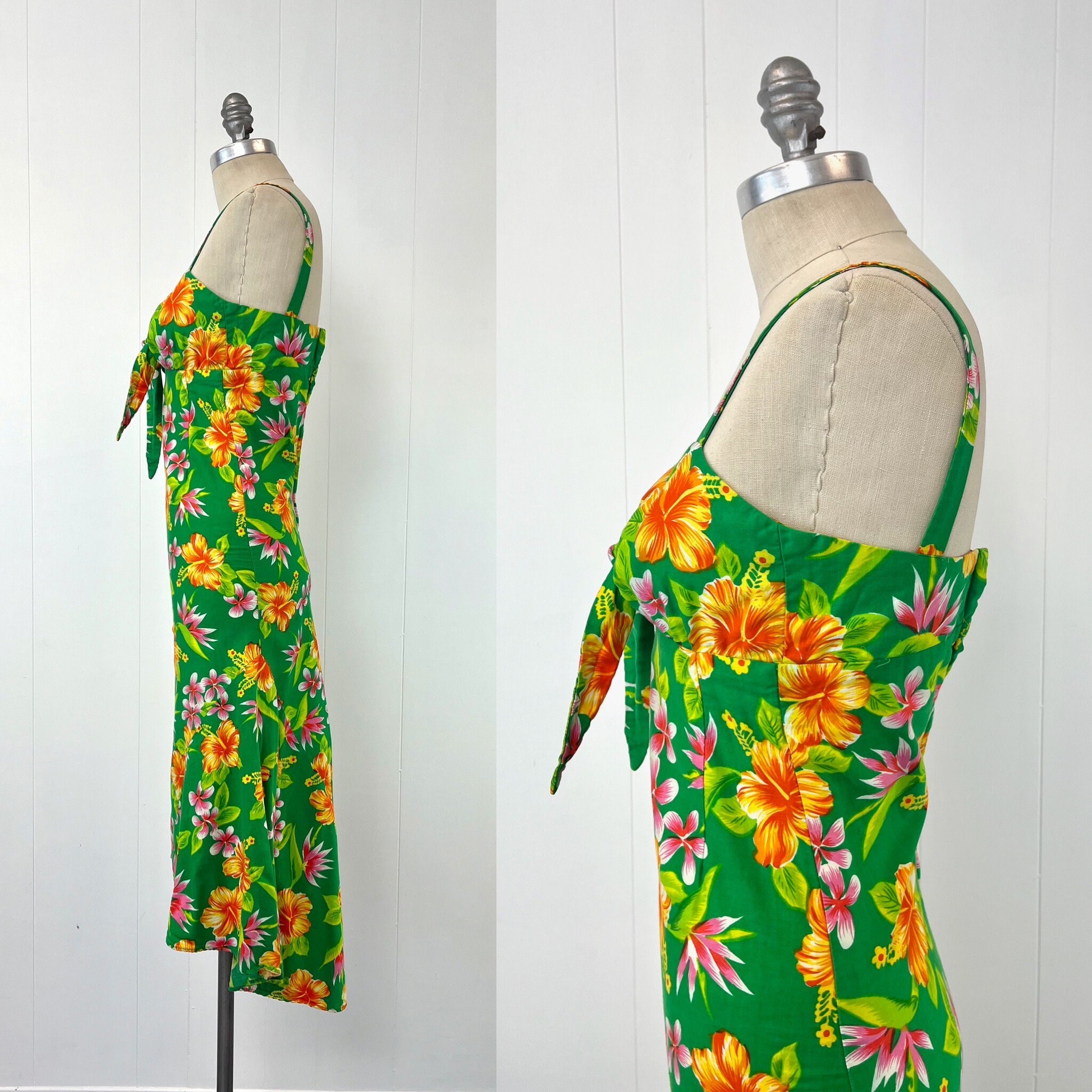 1970s/1980s Hawaiian Hibiscus Floral Green Orange Sunshine Hawaii