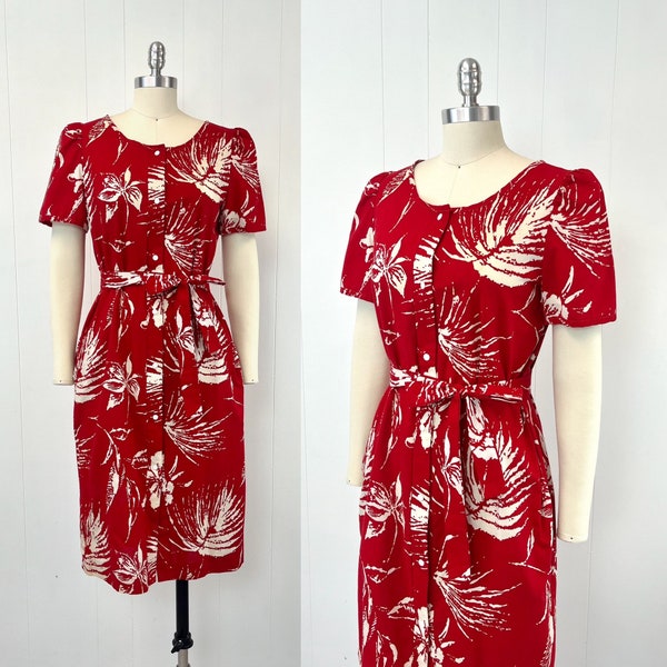 1980s Red White Hawaiian Floral Plant Print Cotton David Brown California Day Dress with Matching Belt