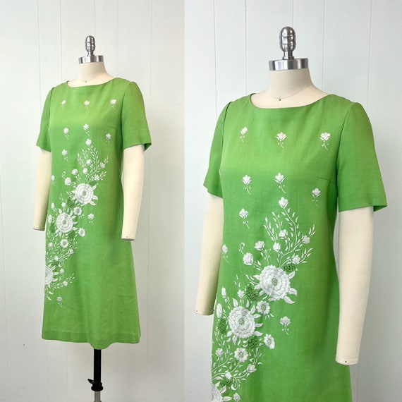 1960s Lime Spring Green Floral Embroidery Lattice… - image 2