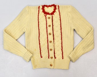 1930s/1940s Austrian European Heart Floral Novelty Buttons Popcorn Knit Ivory Cream Wool Folk Sweater Cardigan
