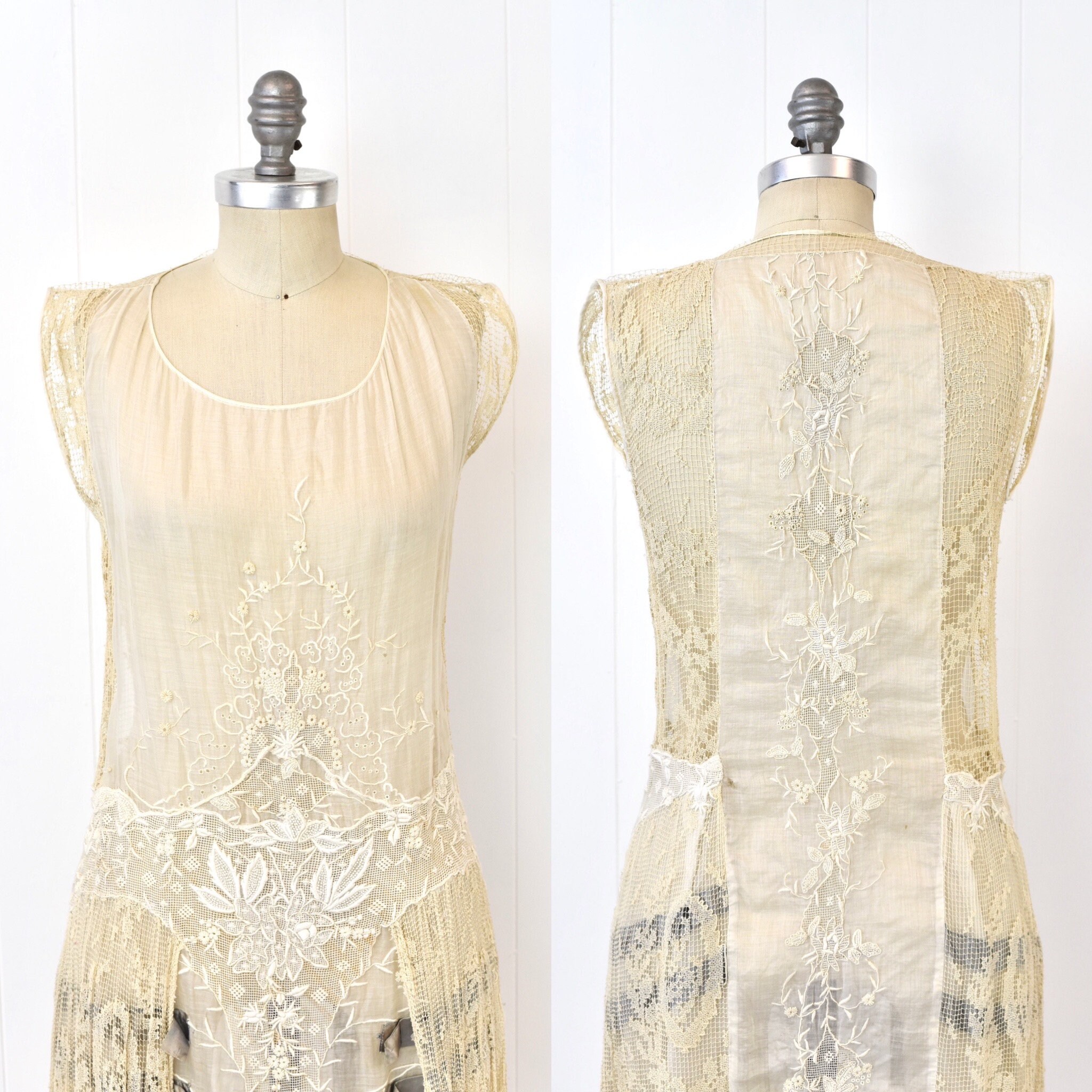 Antique Early 1920s Floral Lace Embroidery Sheer Lawn Drop
