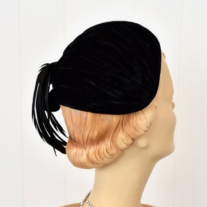 1940s Black Velvet Feathered Hat image 6