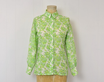 1970s Lilly Pulitzer Floral Print Green White Long Sleeve Blouse Shirt