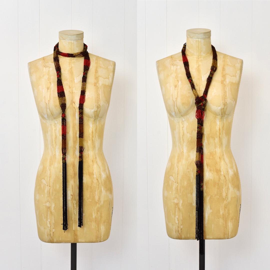1920s Antique Style Flapper Glass Beaded Fringe Art Deco Red Black Long ...