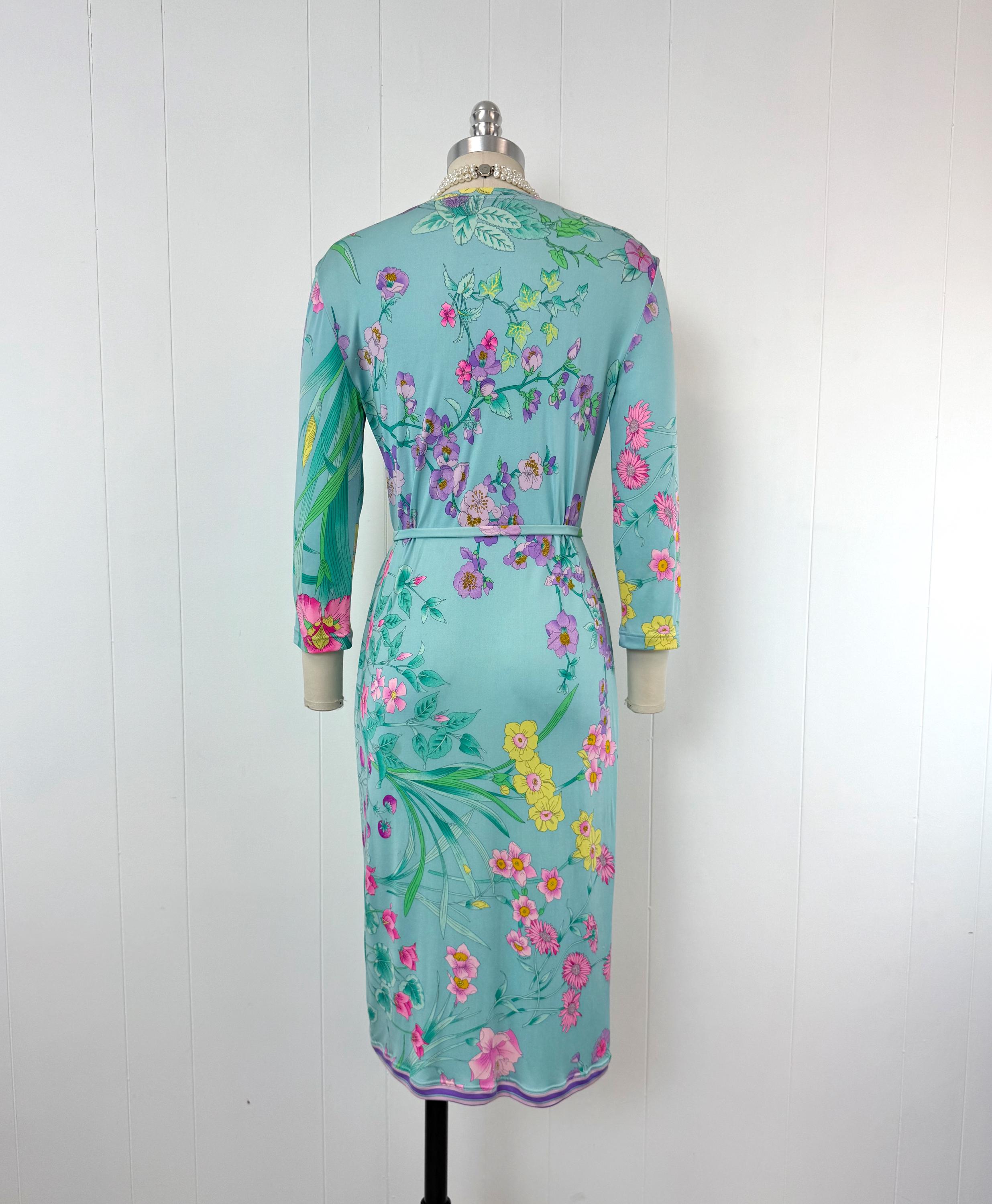 ワンピース Leonard Silk-Wool Floral Wrap Dress/VTG Vintage Leonard Paris Blue Floral Berry Fruit Novelty Print Silk