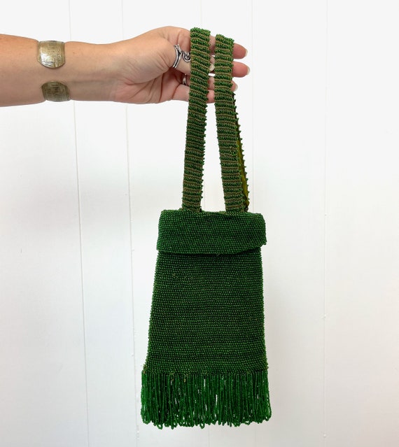 1920s Green Beaded Fringe Flapper Purse Handbag - image 2