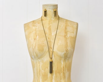 1970s Monet Gold Tone Tassel Chain Fringe Statement Necklace & Clip On Earrings Jewelry Set