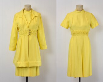 1960s Yellow Daisy Floral Embroidered Sylvia Ann Mod Dress Jacket Matching Two Piece Set